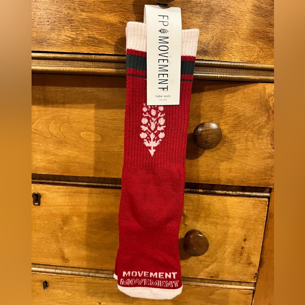 FP Movement by Free People x Lucky Honey Collab Tube Sock in Red w/Logo One Size